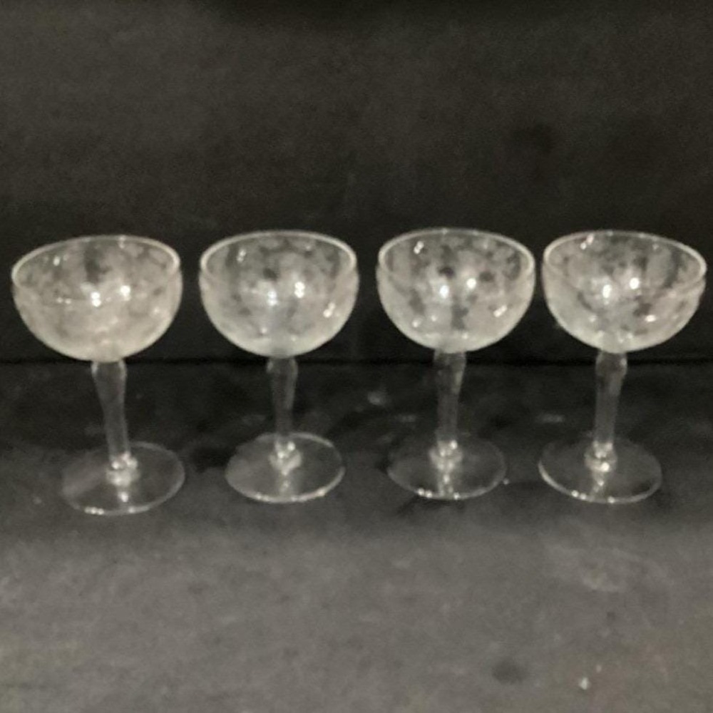 Fostoria Style Chinz Tall Sherbet Glasses, Set Of 4, Vintage Etched Stemware - Picture 11 of 11